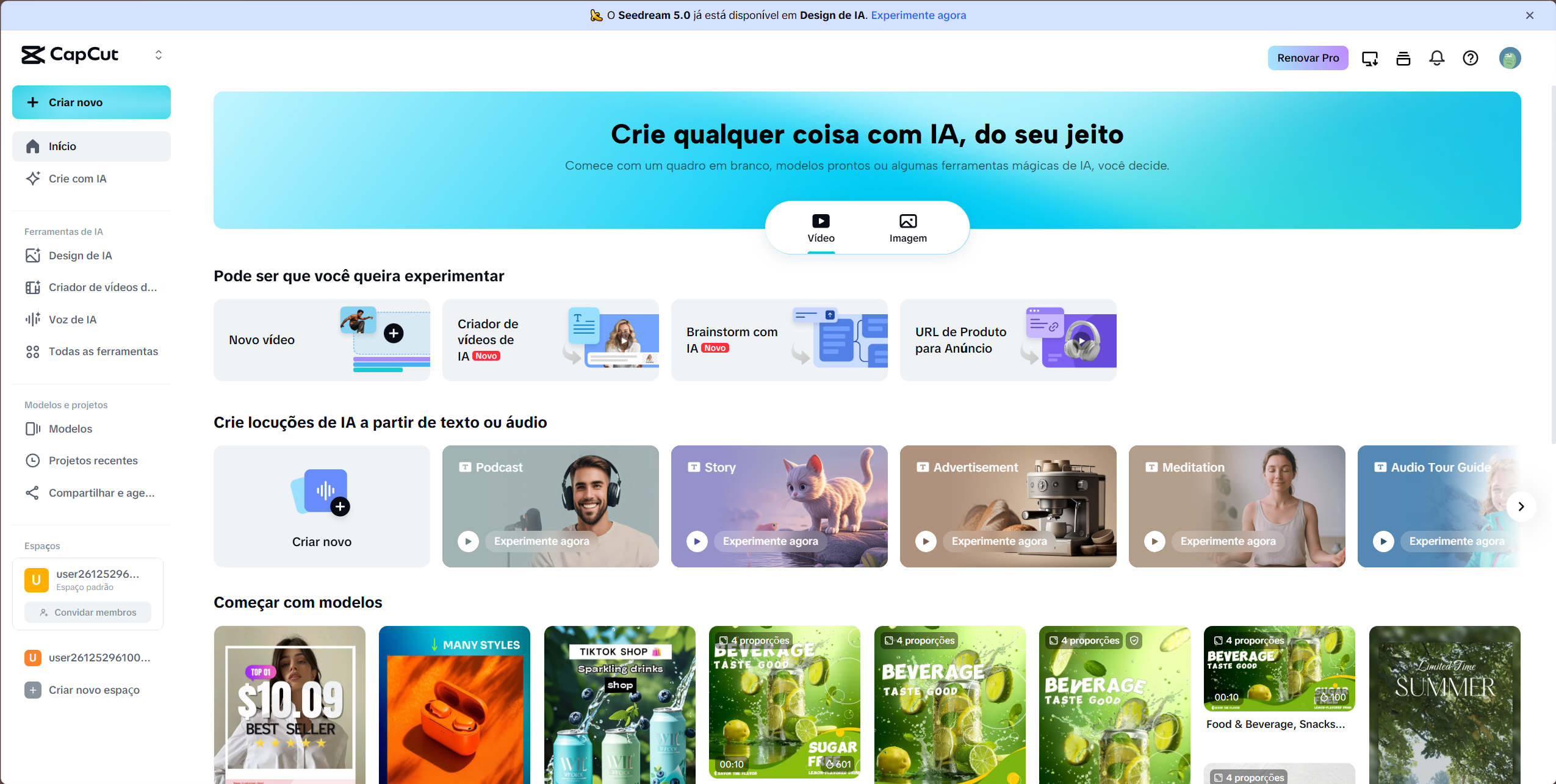 Tela inicial do CapCut Online