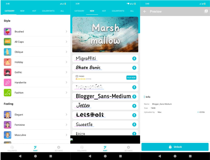 Interface of HiFont - a useful app to get Palatino font on mobile