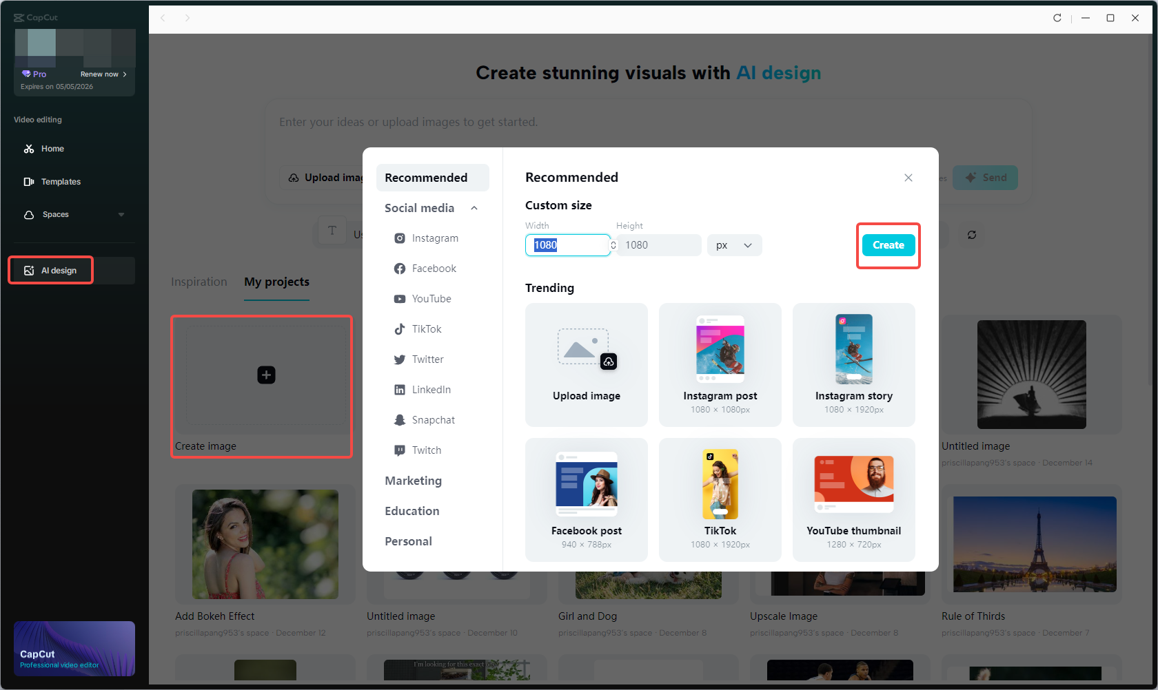 Create projects in CapCut AI design