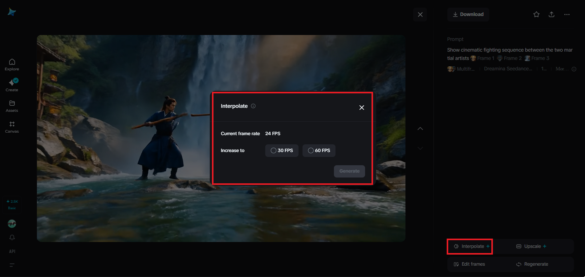 Interpolation feature in Dreamina