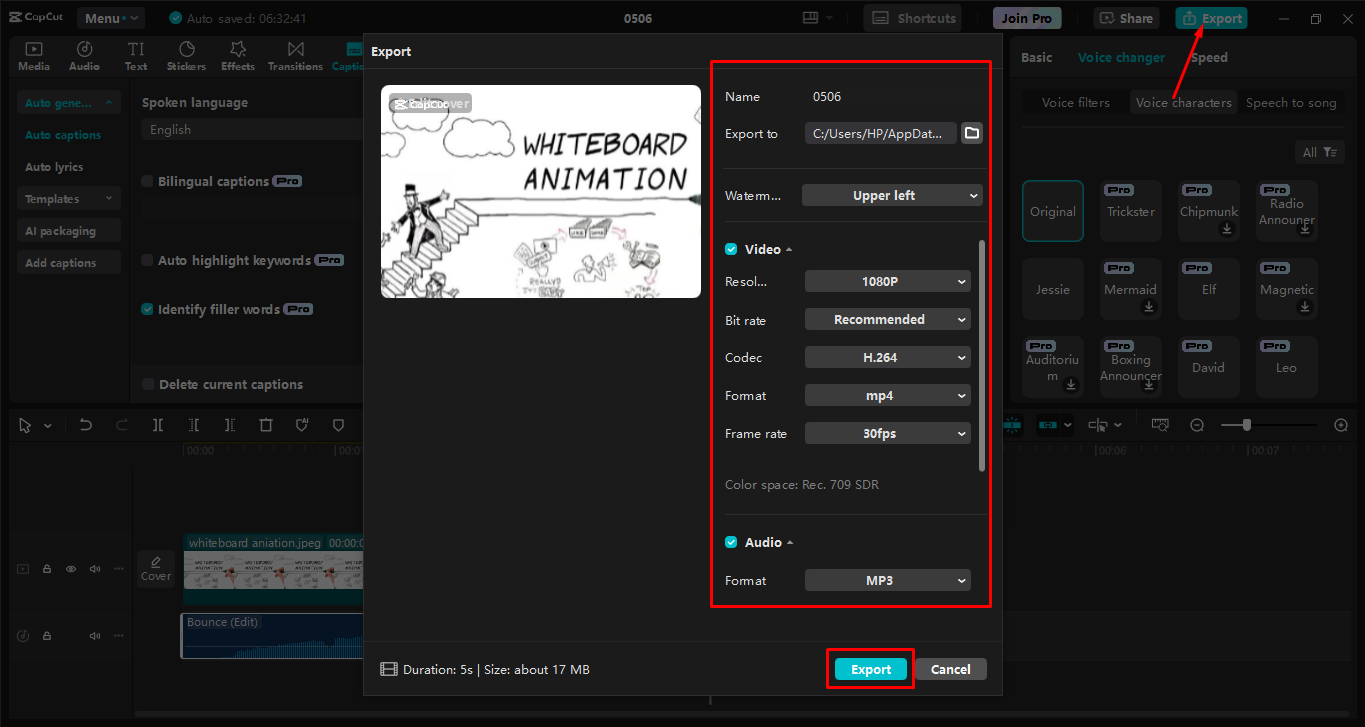 Exportação de vídeo do editor de vídeo para desktop CapCut