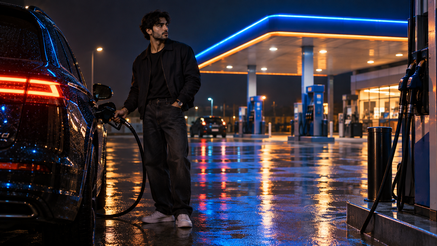 un risultato estetico del prompt di riferimento del servizio fotografico notturno della pompa di benzina