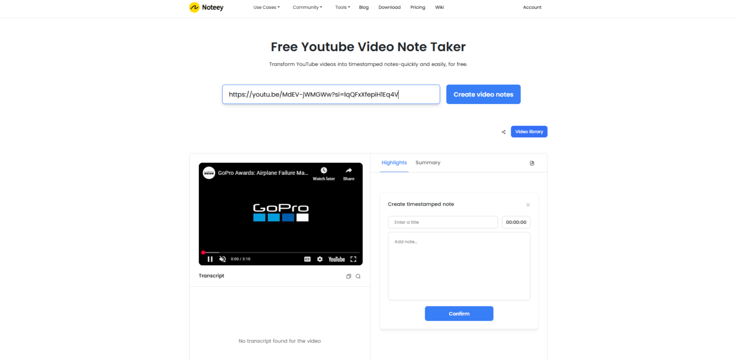 Interface of Noteey - a flexible AI video note taker