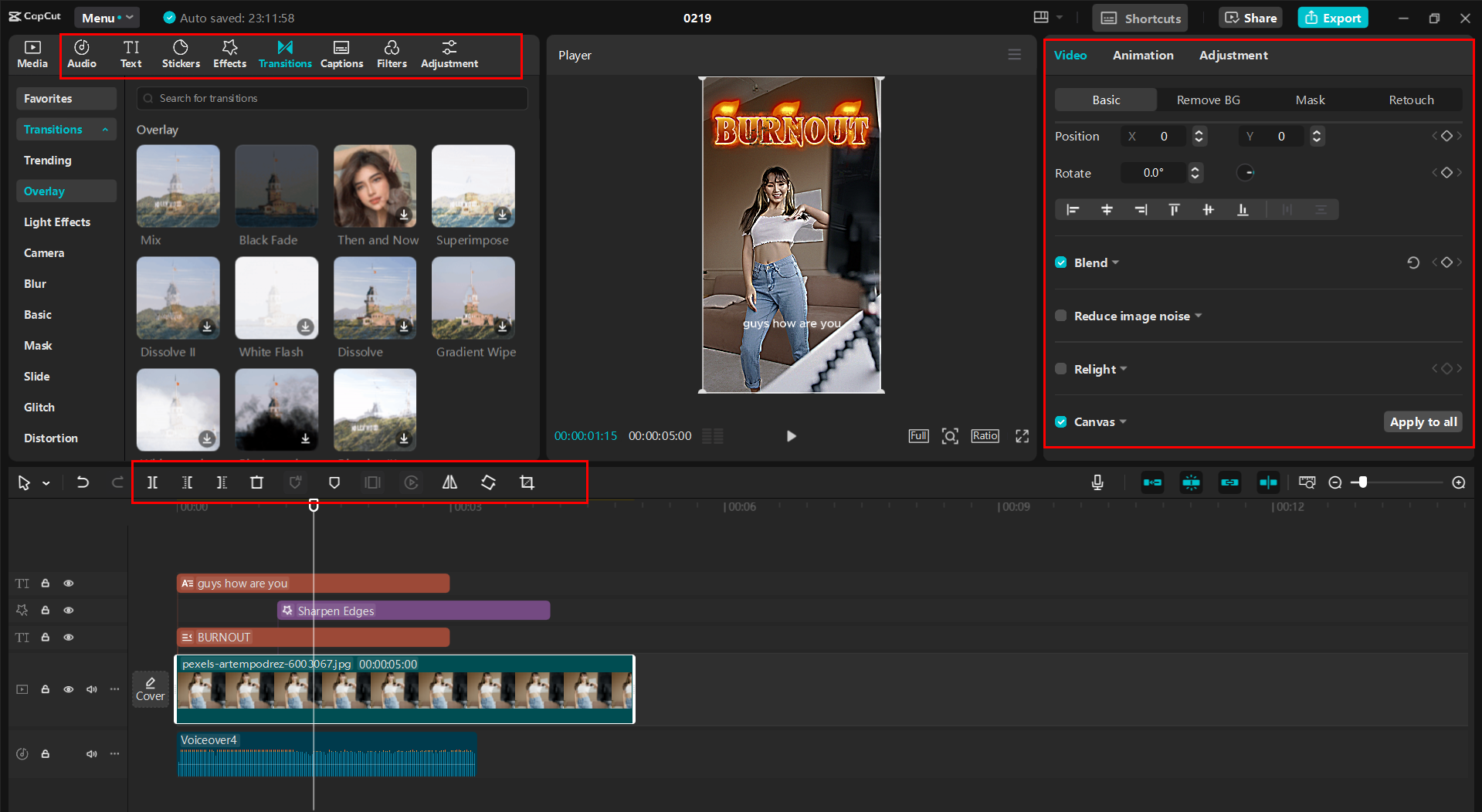 Interface of the CapCut desktop video editor - editing the Facebook reel
