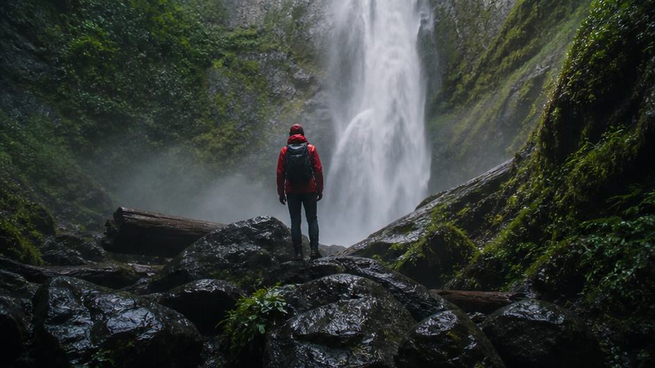 Nature Adventure Travel — traveler arriving at a misty forest waterfall