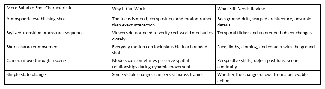 Table comparing shot types, why they work, and what still needs review in AI video