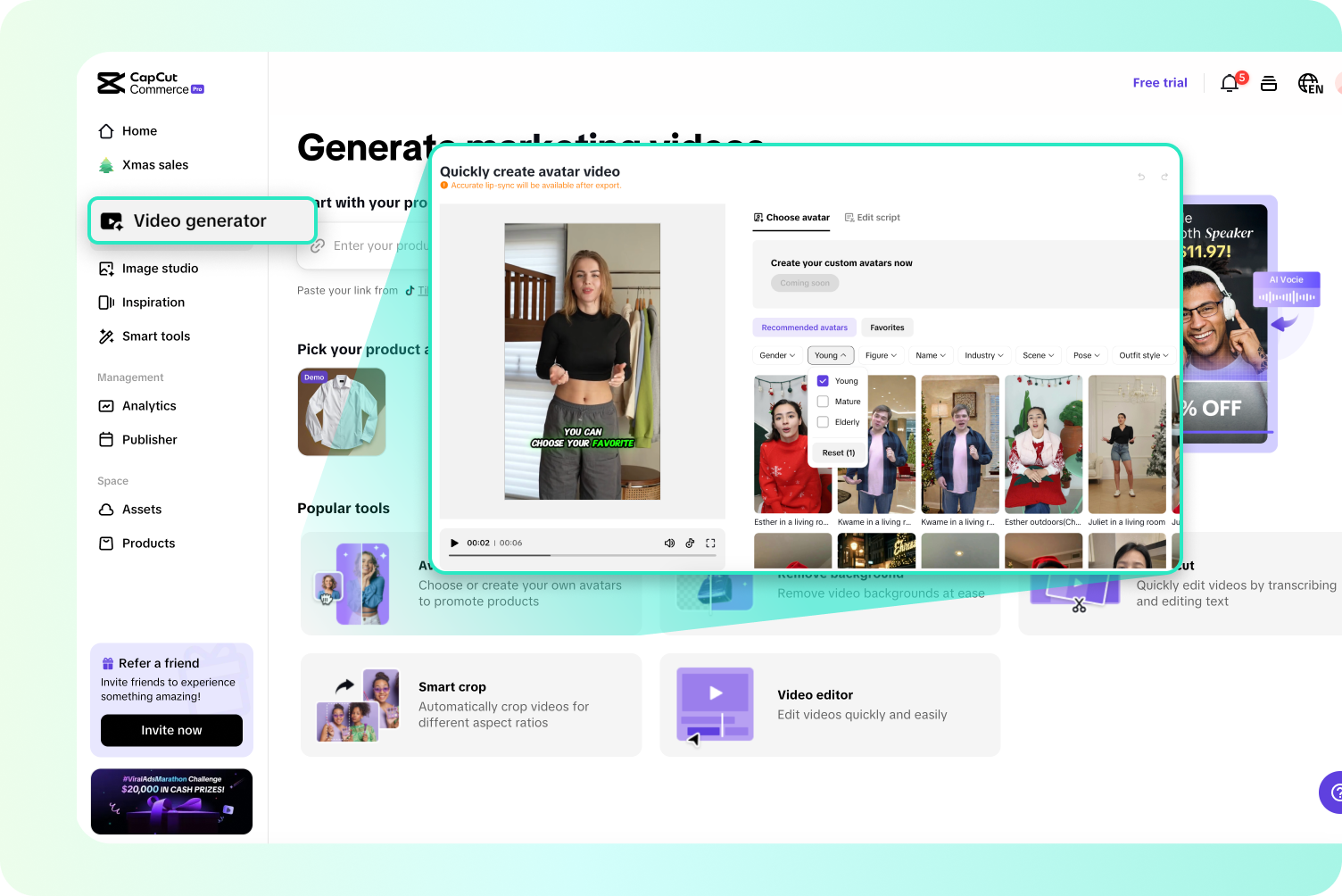 Pippit's AI Avatar selection screen showcasing a variety of diverse, realistic avatars available for users to choose for their video projects.