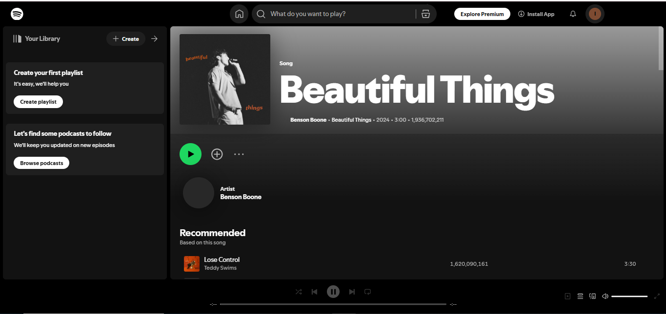 Beautiful Things" by Benson Boone—a hit song with high Spotify streams