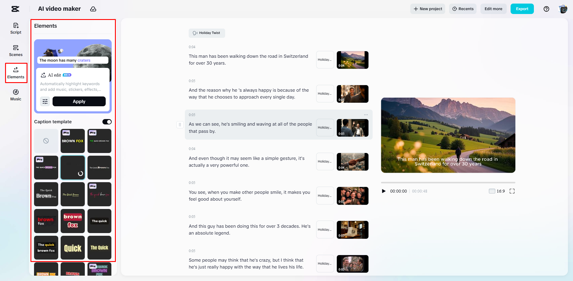 Adding captions to video in CapCut's AI video maker