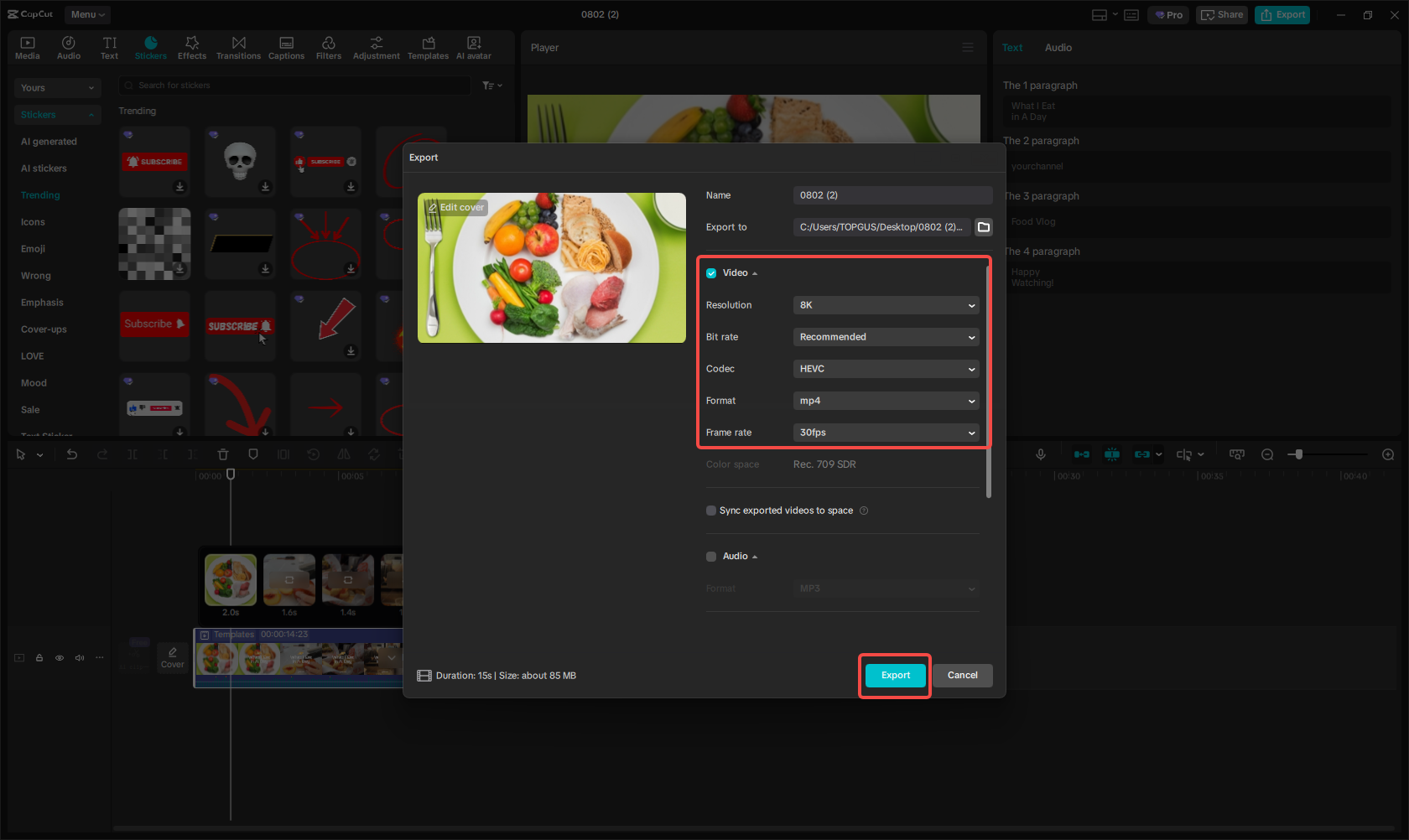 Exporting the video in CapCut