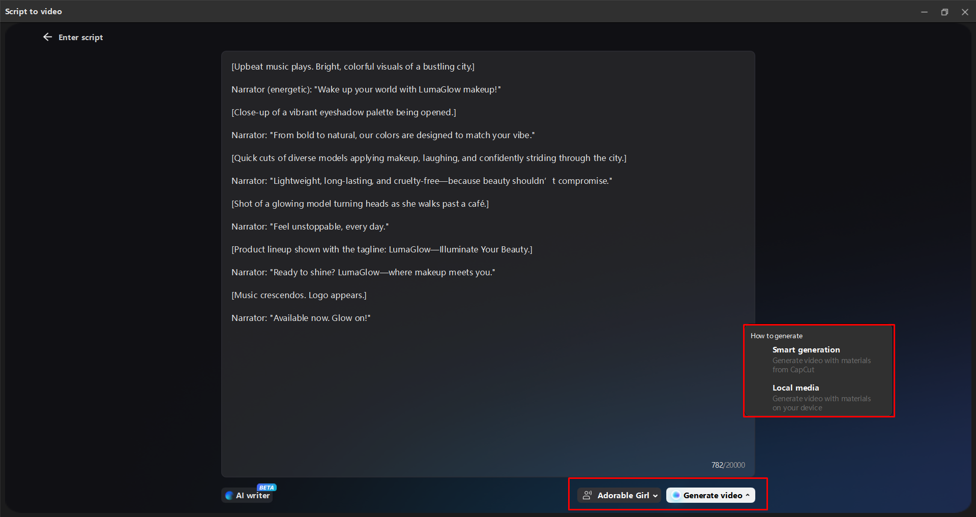 Selecting the AI voice and generating a video in the CapCut desktop video editor