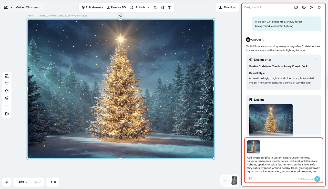 Refining the Christmas tree image using prompt