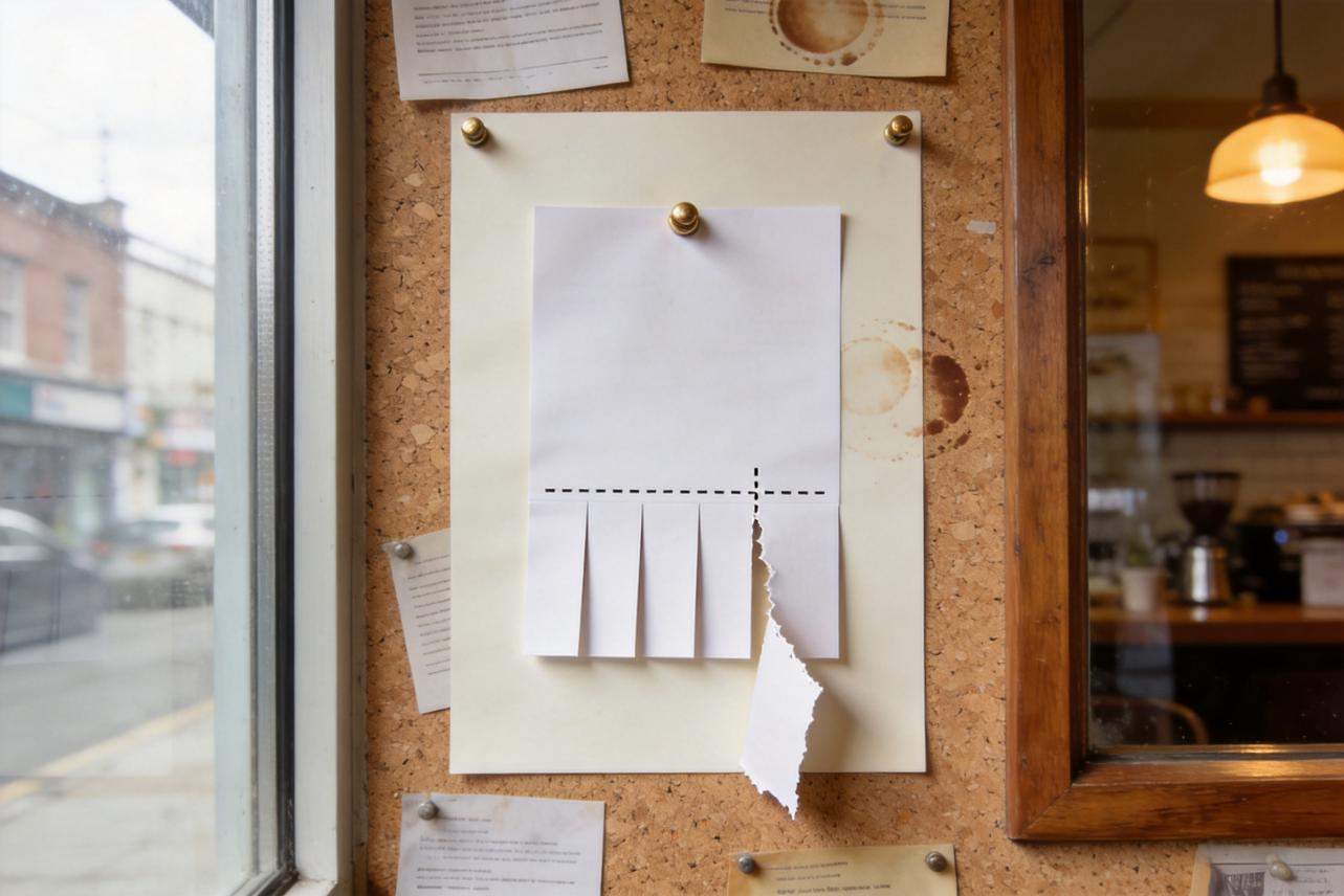 Blank flyer on a corkboard with tear-off tabs and one tab ripped off