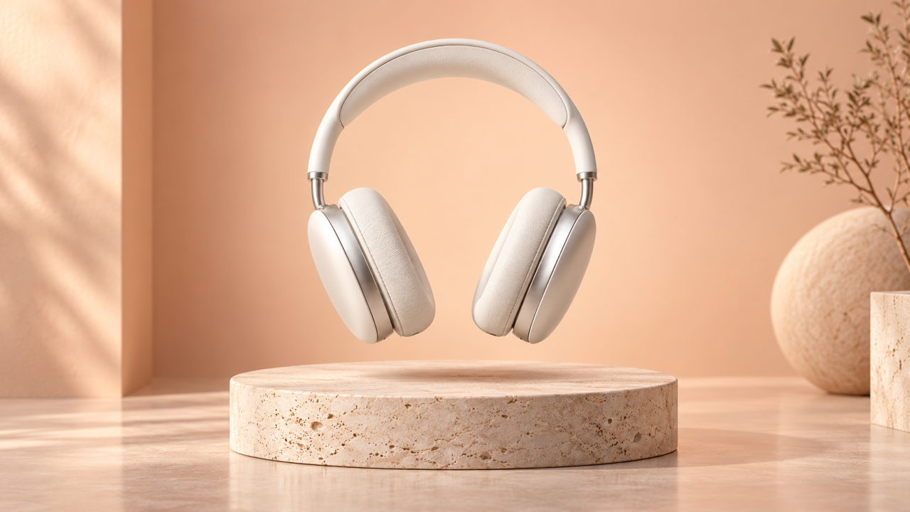 Illustrative keyframe: unbranded white wireless headphones floating above a circular travertine plinth in a pale peach studio, polished product photography, landscape 16:9; not a Claude interface or tested video result.