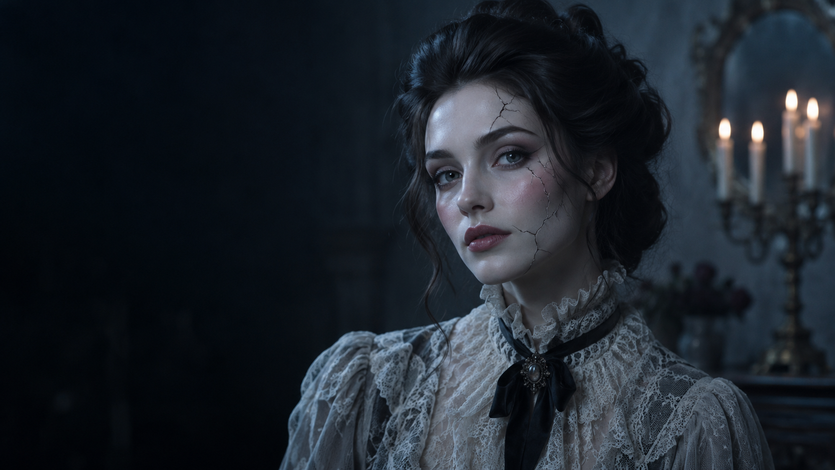 Creepy Porcelain Doll: A fictional adult woman with carefully painted fine porcelain crack lines on cheek and temple, delicate blush and lace collar, eerie blue-gray lighting, no injury.