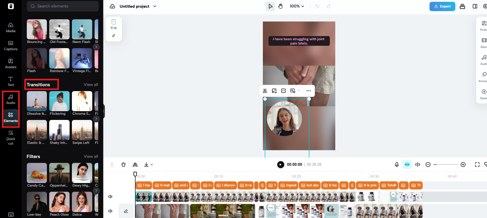 Mga overlay ng teksto, mga transition, at mga sound effect