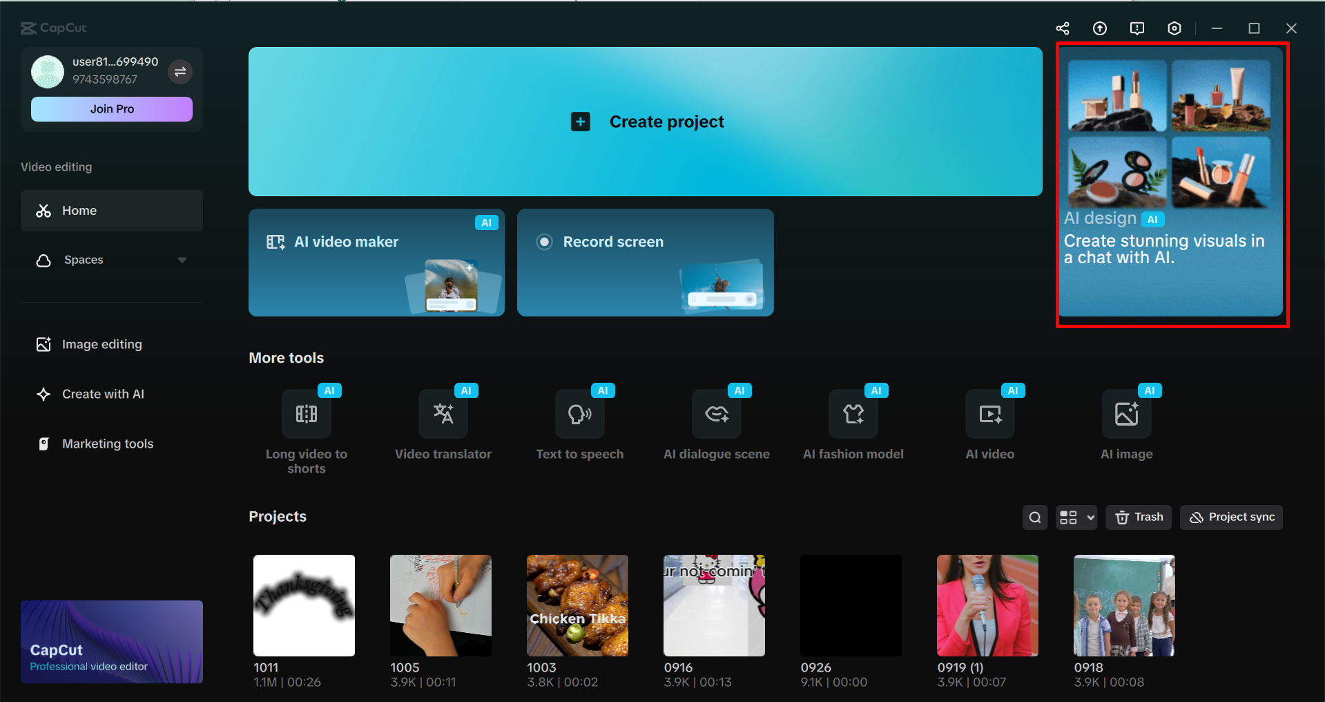 Accessing the AI design tool in the CapCut desktop video editor