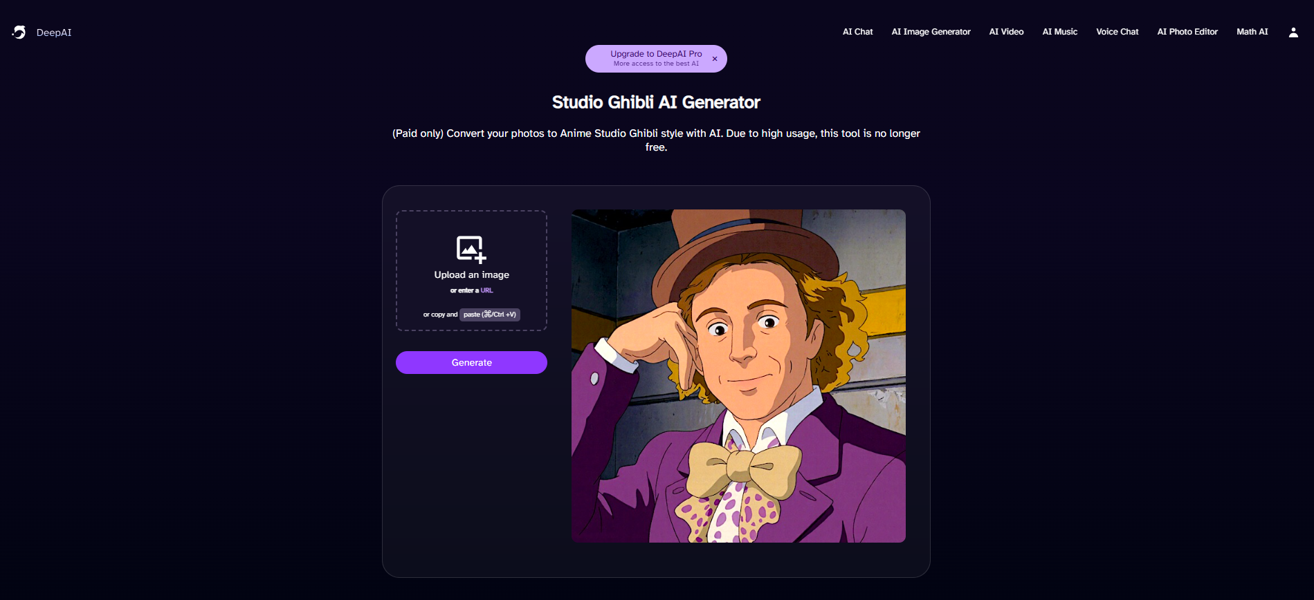 Benutzeroberfläche von Deep AI - ein kostenloser Online-Studio-Ghibli-AI-Bildgenerator