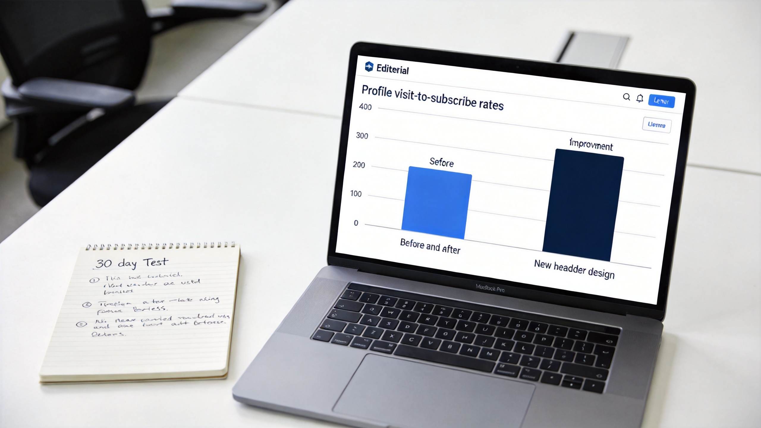 Laptop displaying a bar chart of profile visit-to-subscribe rates before and after a new header design