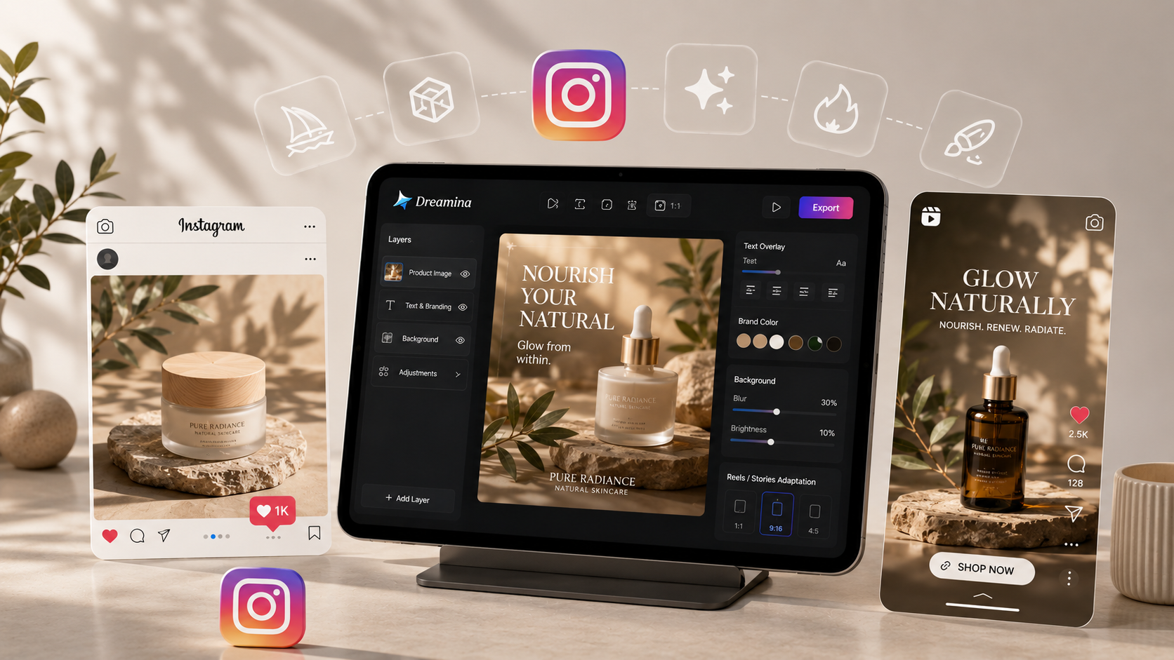 Instagram 게시물에 권장되는 AI 이미지 생성기 - 라이프스타일 제품 사진, 텍스트 오버레이 컨트롤 및 Reels 표지 형식을 보여주는 태블릿의 Dreamina 다중 레이어 캔버스