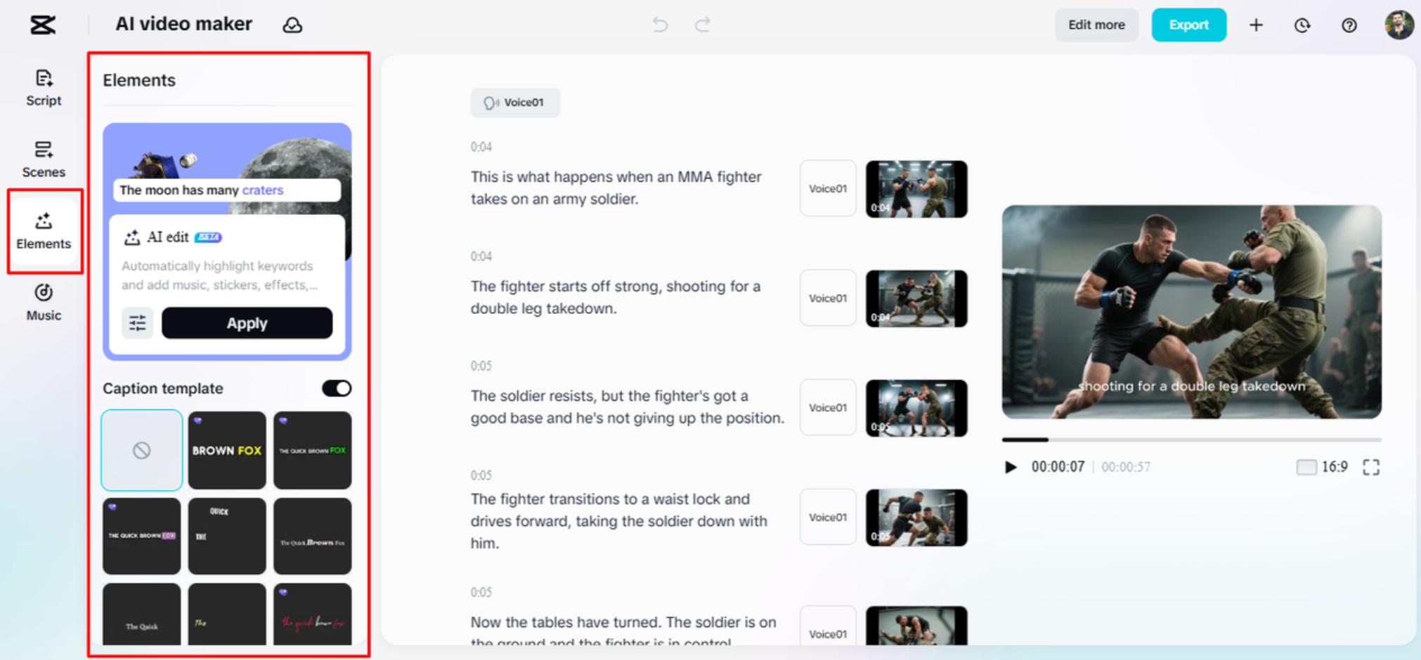 Eine Beschriftungsvorlage auf das Video im KI-Videoersteller von CapCut anwenden