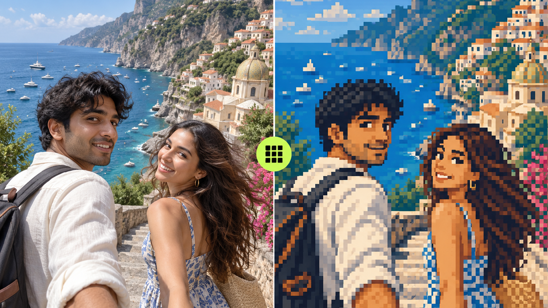 Coastal couple photo reimagined as colorful pixel artwork with the scene intact