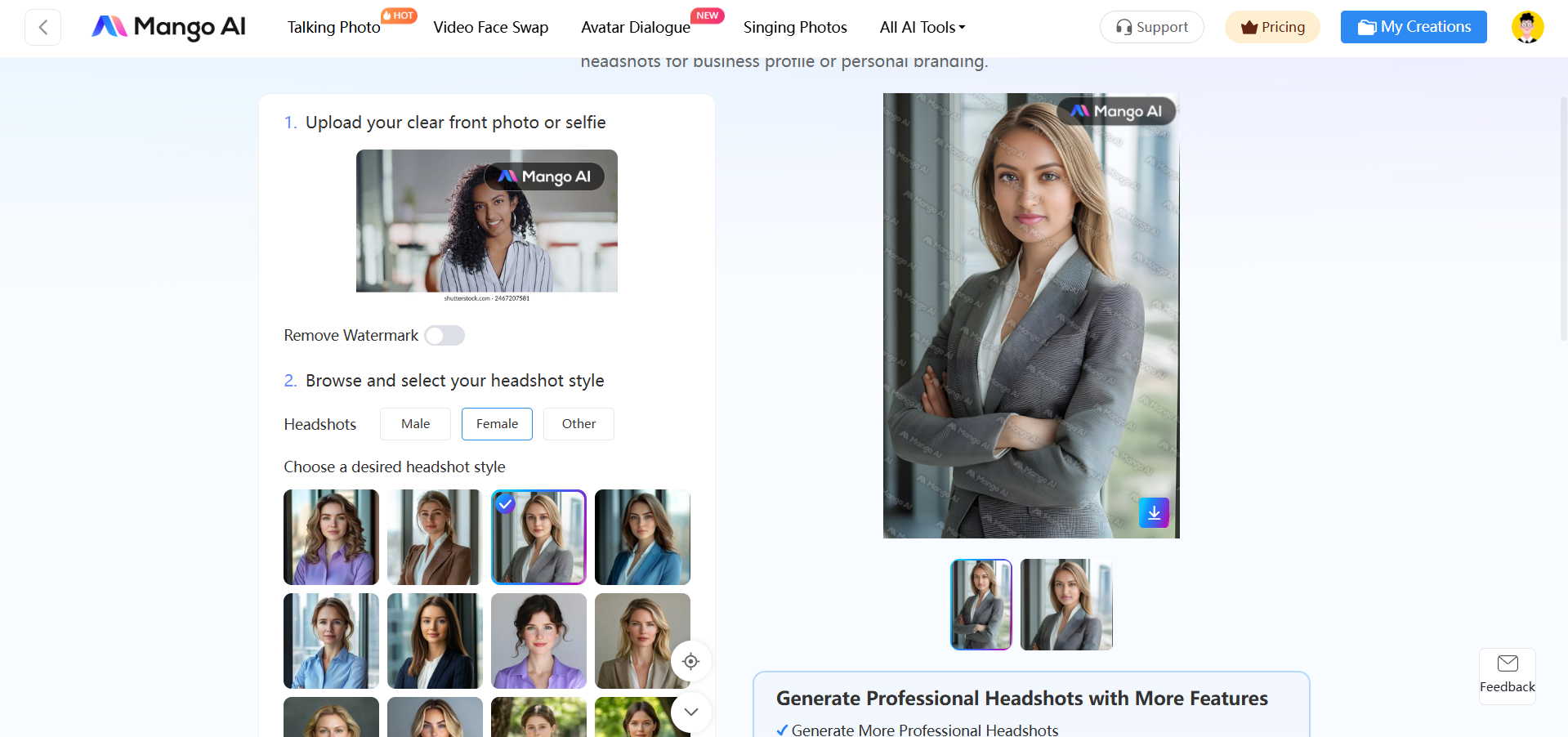 Mango AI, professional headshot generator interface
