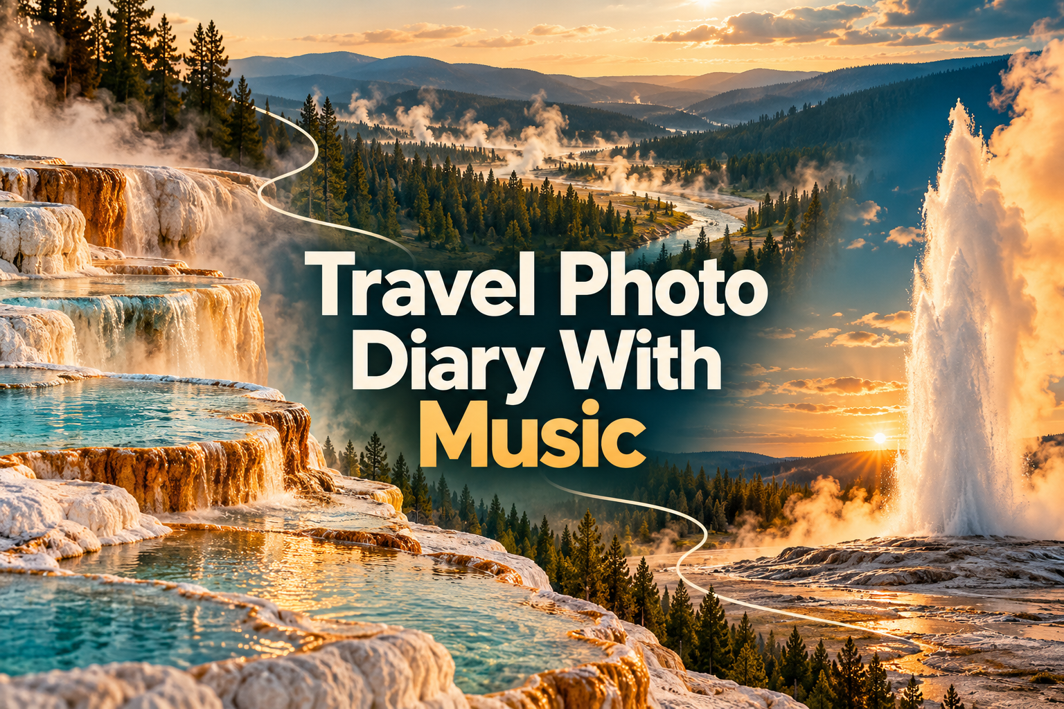 Travel Photo Diary With Music over an illustrated landscape route