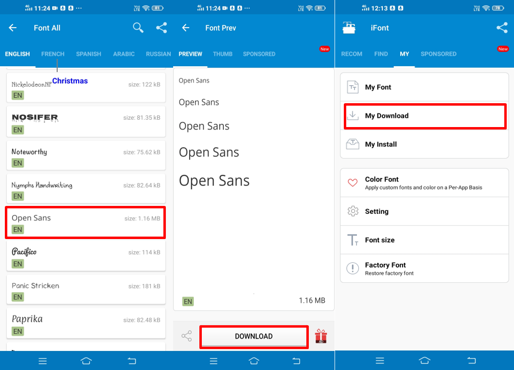 Downloading the Open Sans free font with iFont on Android