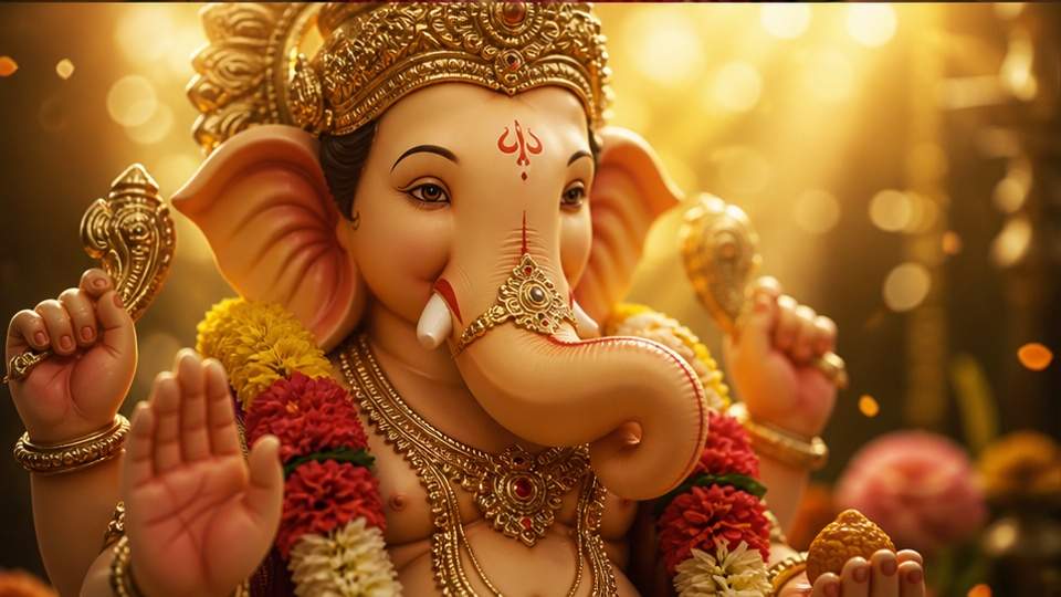 Telugu Ganesh AI Prompt — a detailed devotional portrait of Ganesha with marigolds