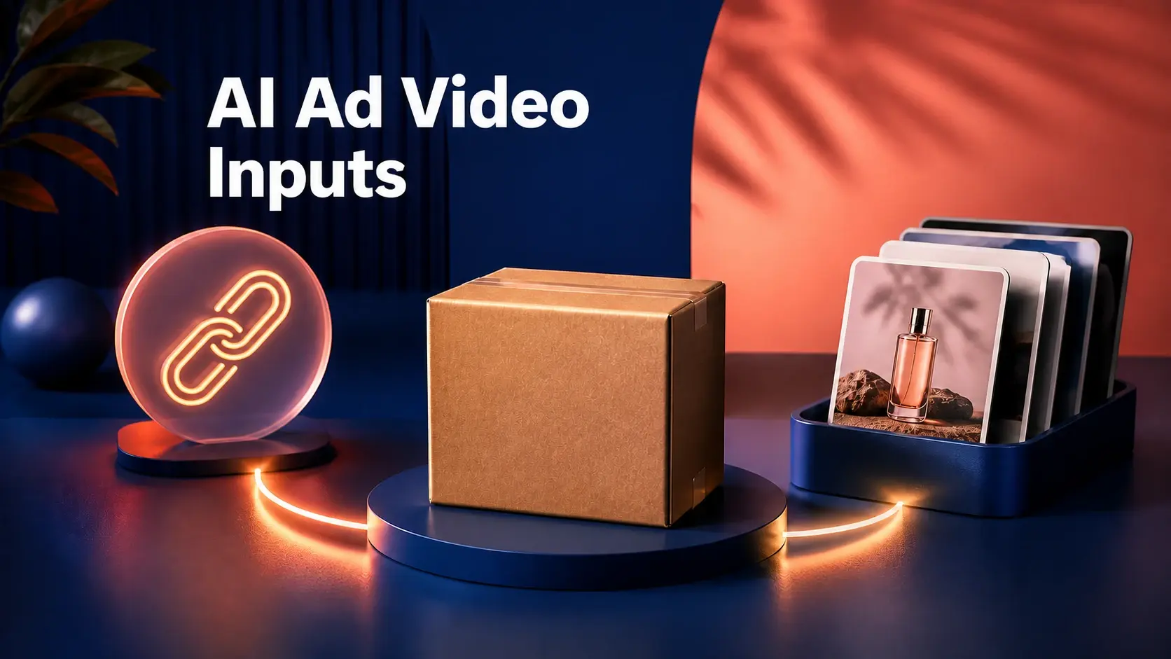 An unbranded product package sits between a product-link symbol and selected product photos.