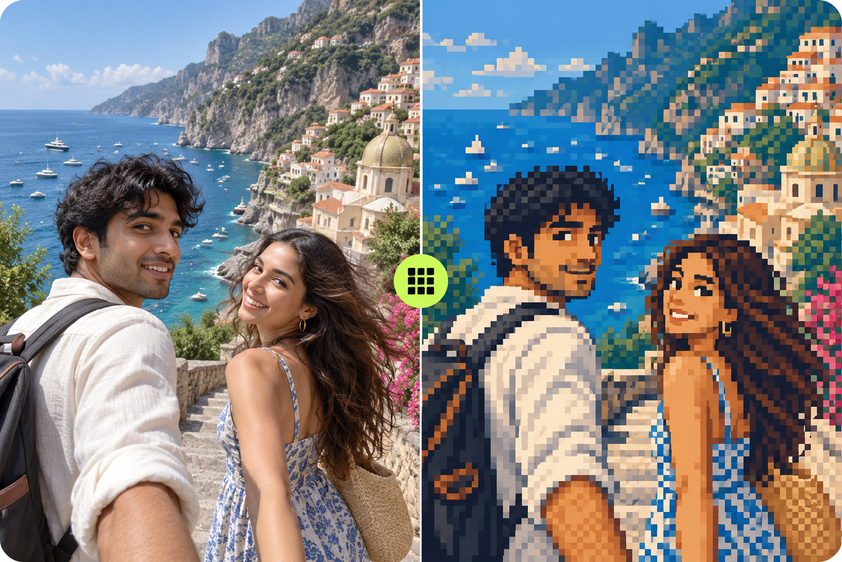 Use case showing a couple and scenic coast converted into a pixel-art keepsake