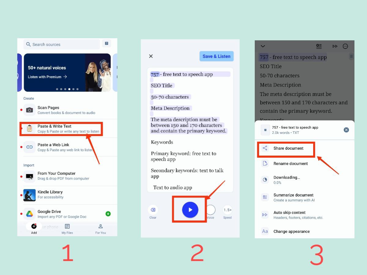Ipinapakita ang Speechify app sa isang smartphone, na itinatampok ang mga kakayahan nitong text-to-speech.