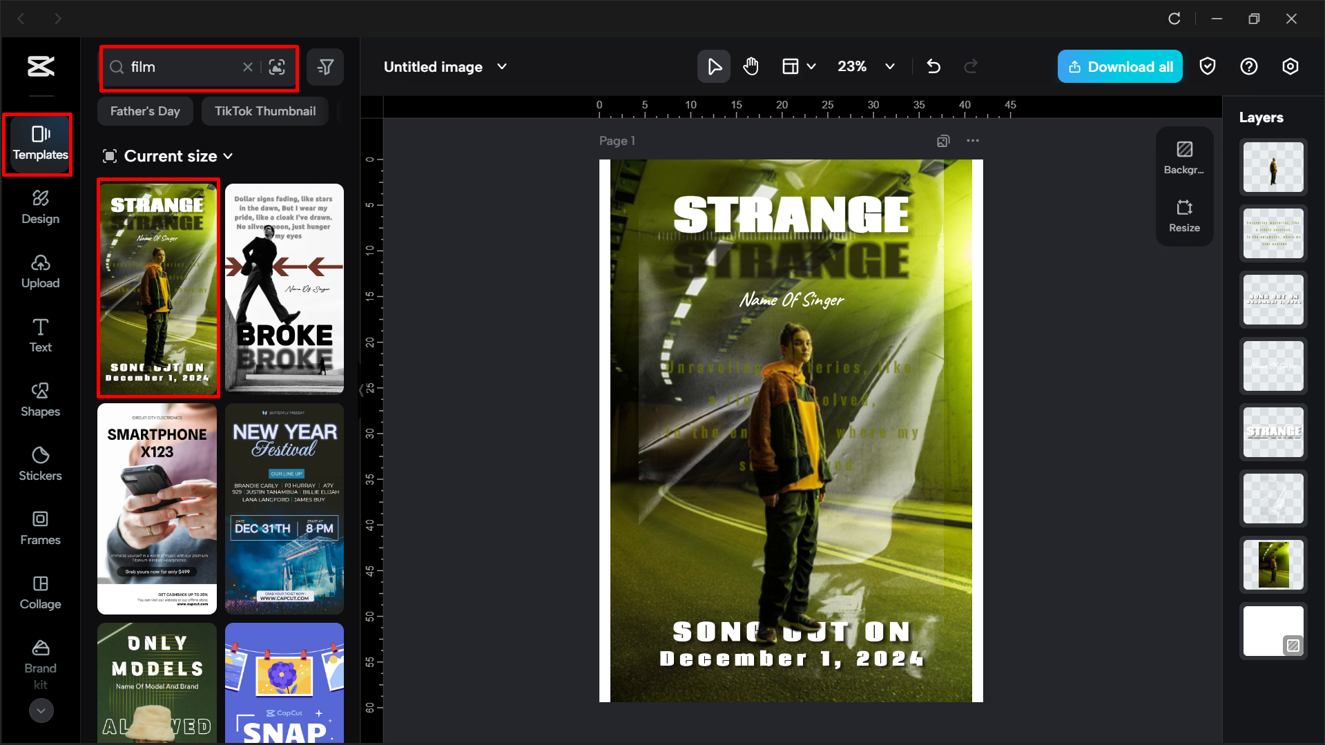 Suche nach Film-Postervorlagen im CapCut-Desktop-Videobearbeitungsprogramm