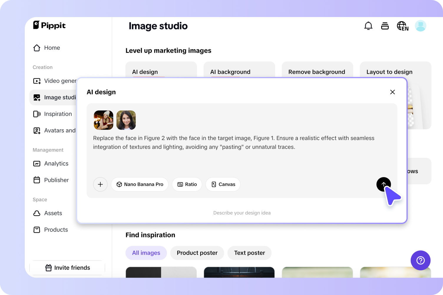 Tải ảnh lên và nhập yêu cầu hoán đổi