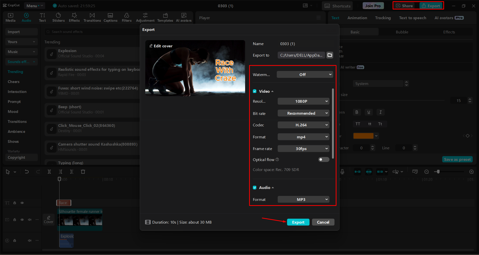 Exporting a video from the CapCut desktop video editor
