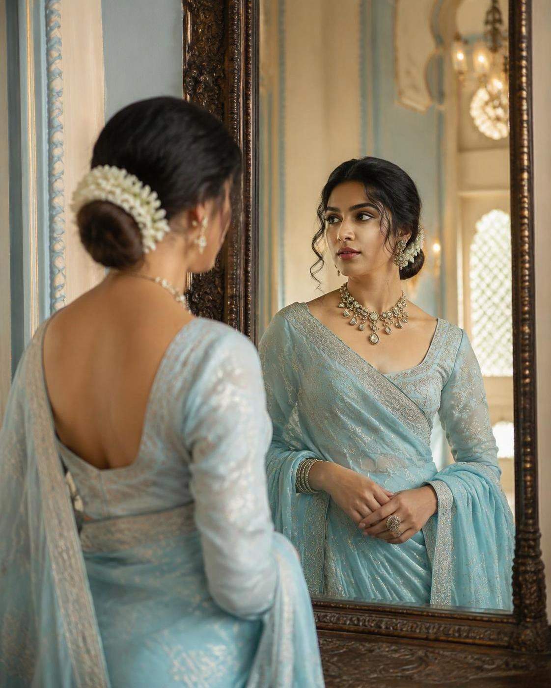 AI Pastello Blu Saree Specchio eroe visivo 1