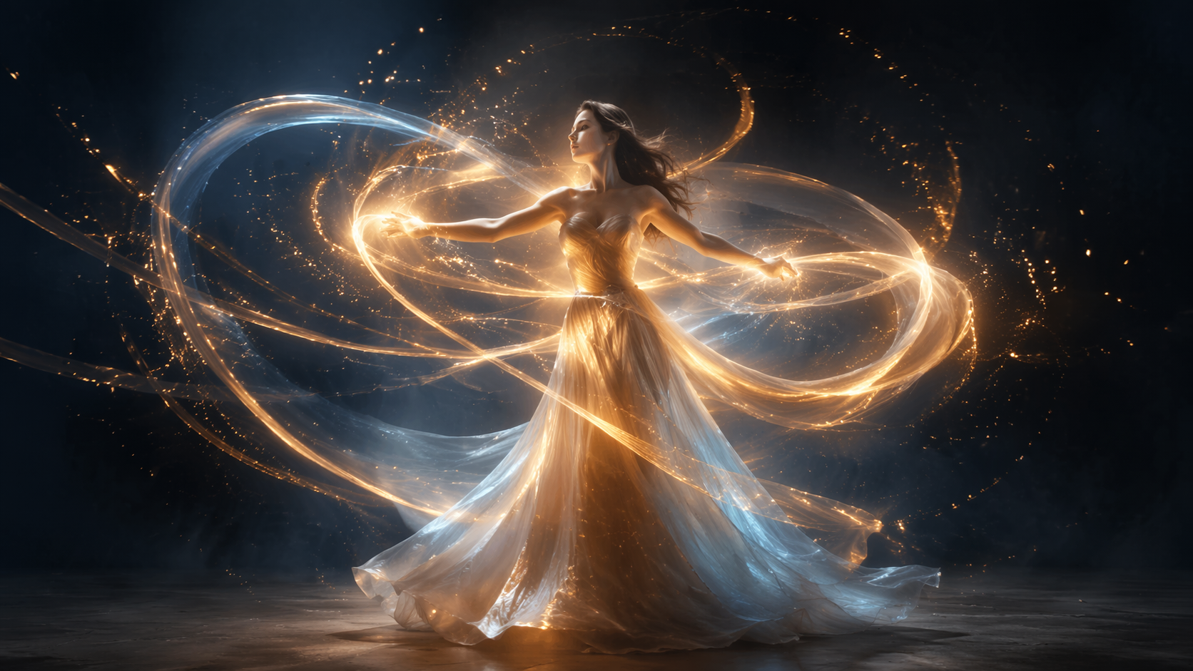 Dreamina magisches Licht AI Video Prompt Beispiel 1: leuchtende Tänzerin Lichtspur Video