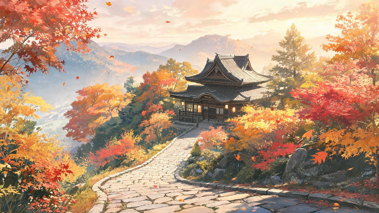 Peaceful mountain temple in autumn