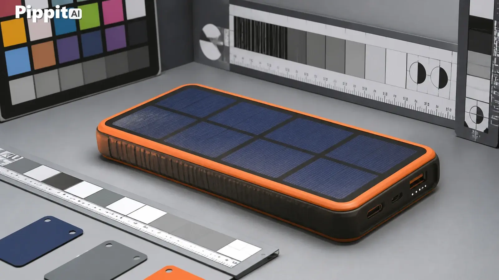 Solar-powered phone-shaped device on a gray test bench with color calibration charts