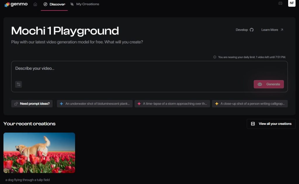 Interface of Mochi AI - a newly introduced AI video generator model