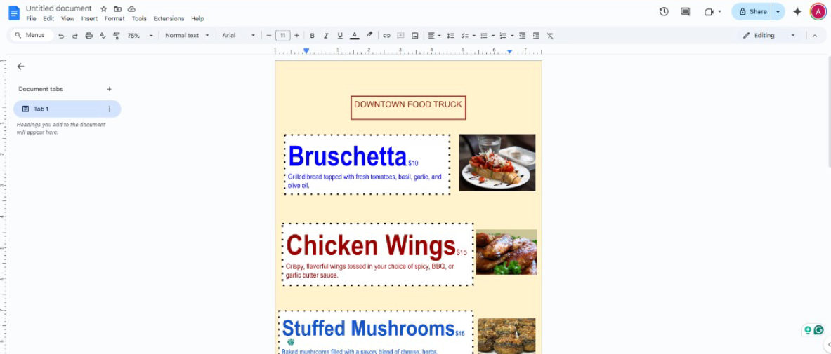 hoe maak je een menu op google docs