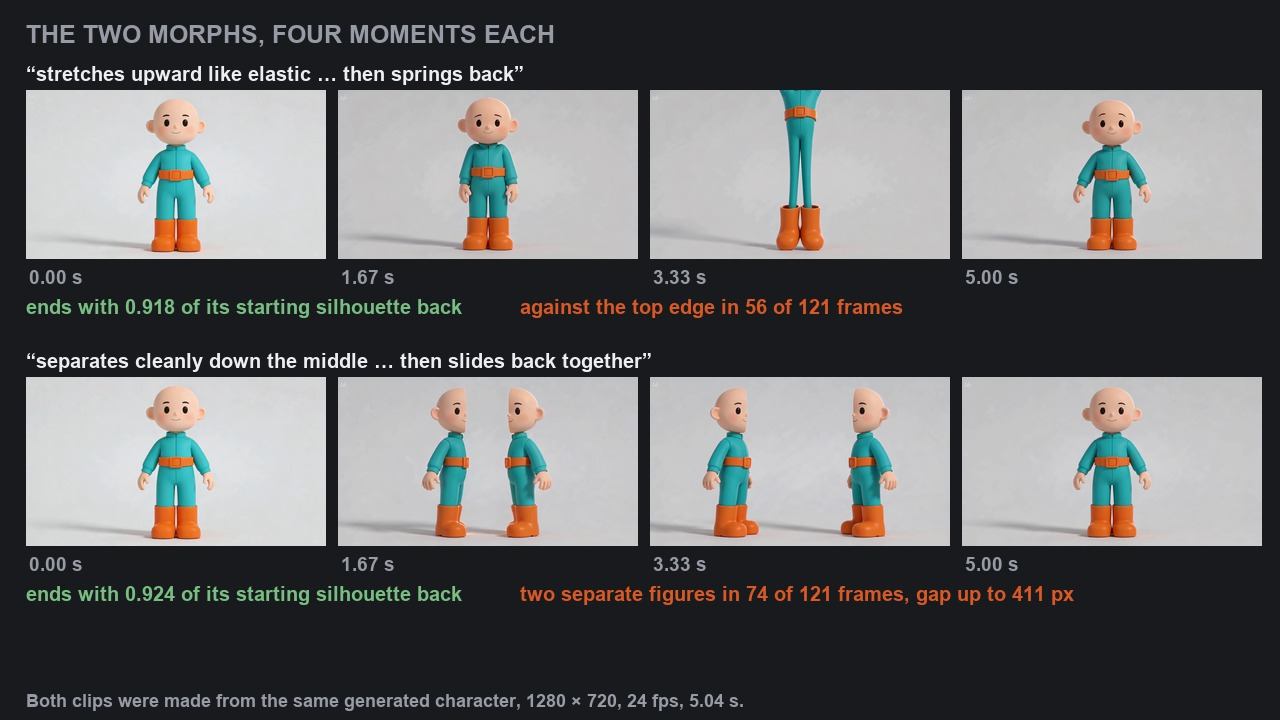 Two rows of four frames: the stretch clip showing the character elongating until it runs off the top of the frame, and the split clip showing two complete characters standing apart before rejoining.