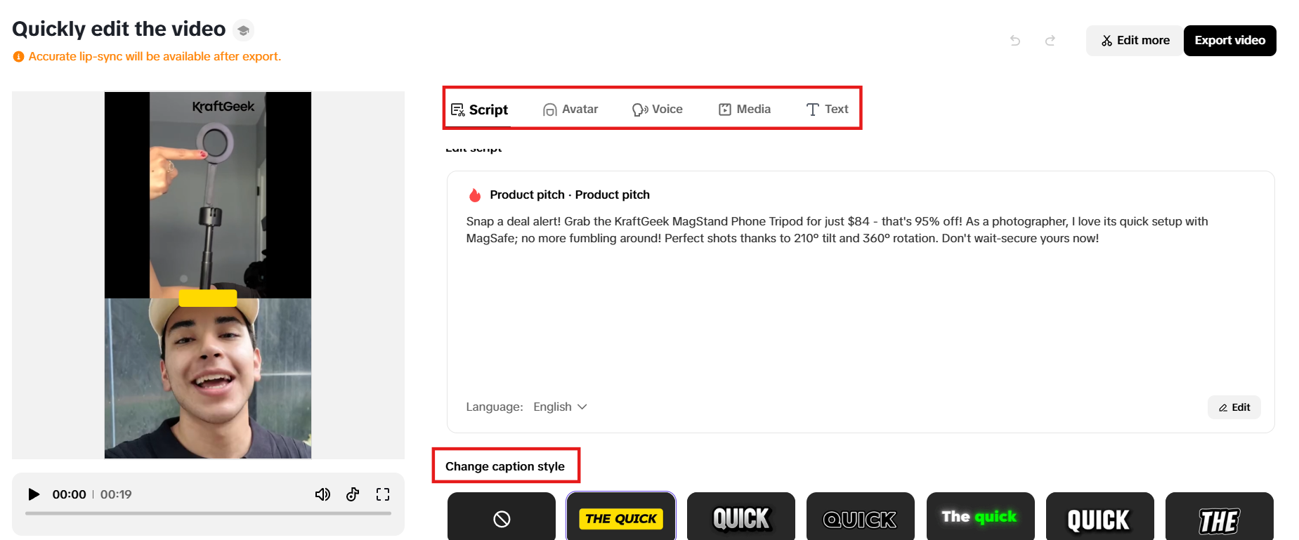 Modificar roteiro, avatar, voz, mídia e texto