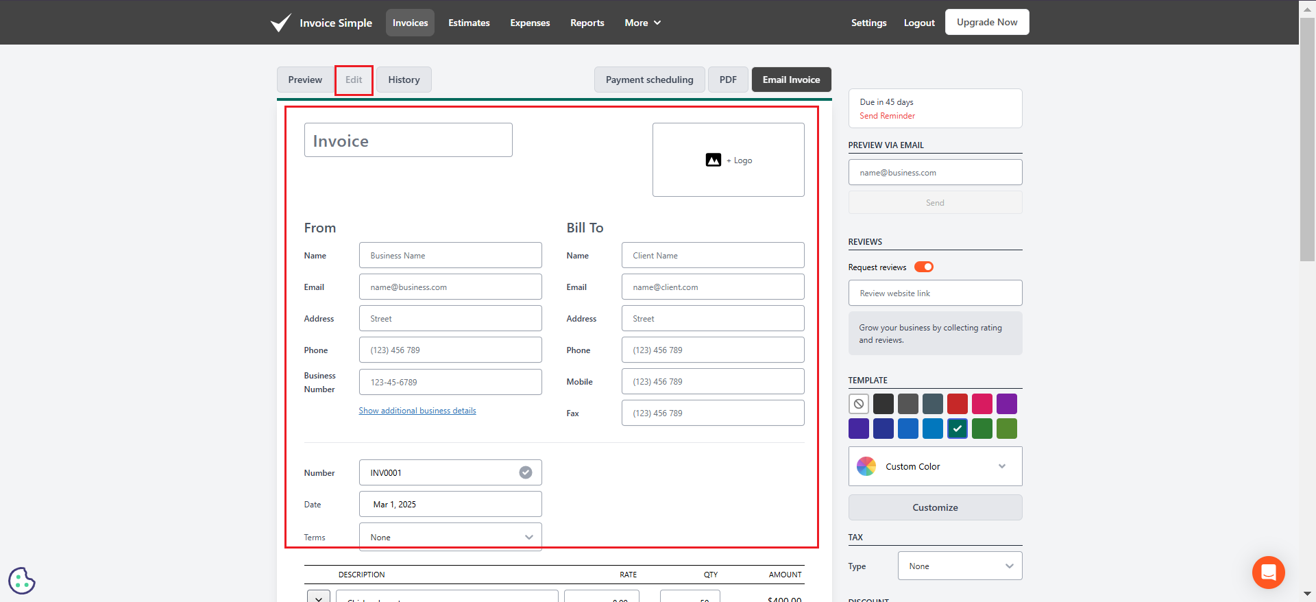 create an invoice template