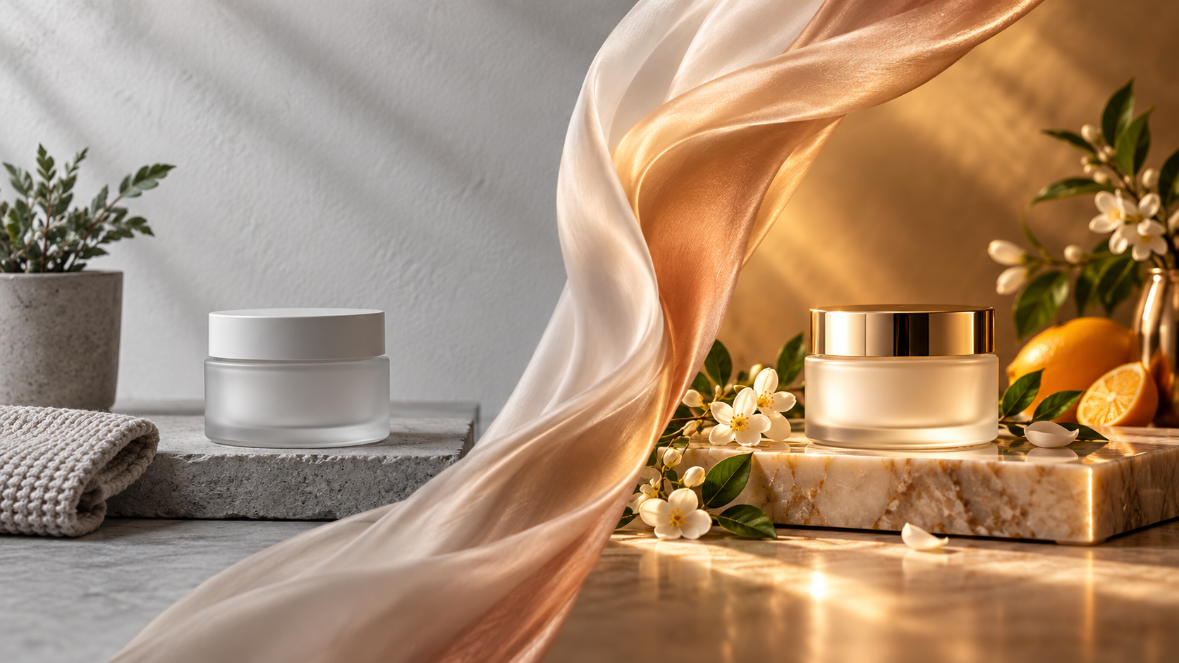An unbranded cosmetic jar transformed from a neutral setup into a premium styled presentation