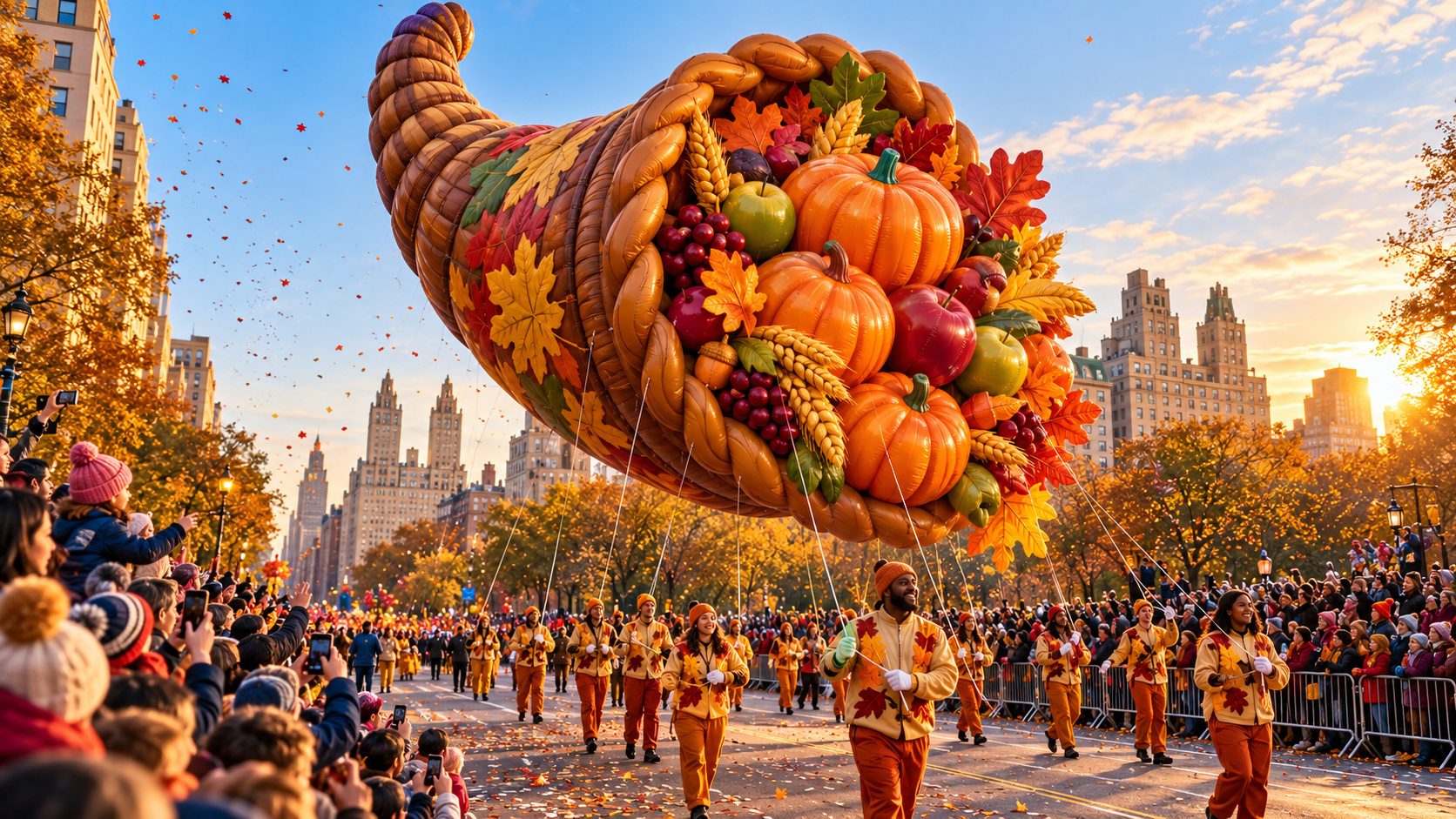 Indicaciones de IA de globos del desfile de Acción de Gracias: Globo Cornucopia en hora dorada