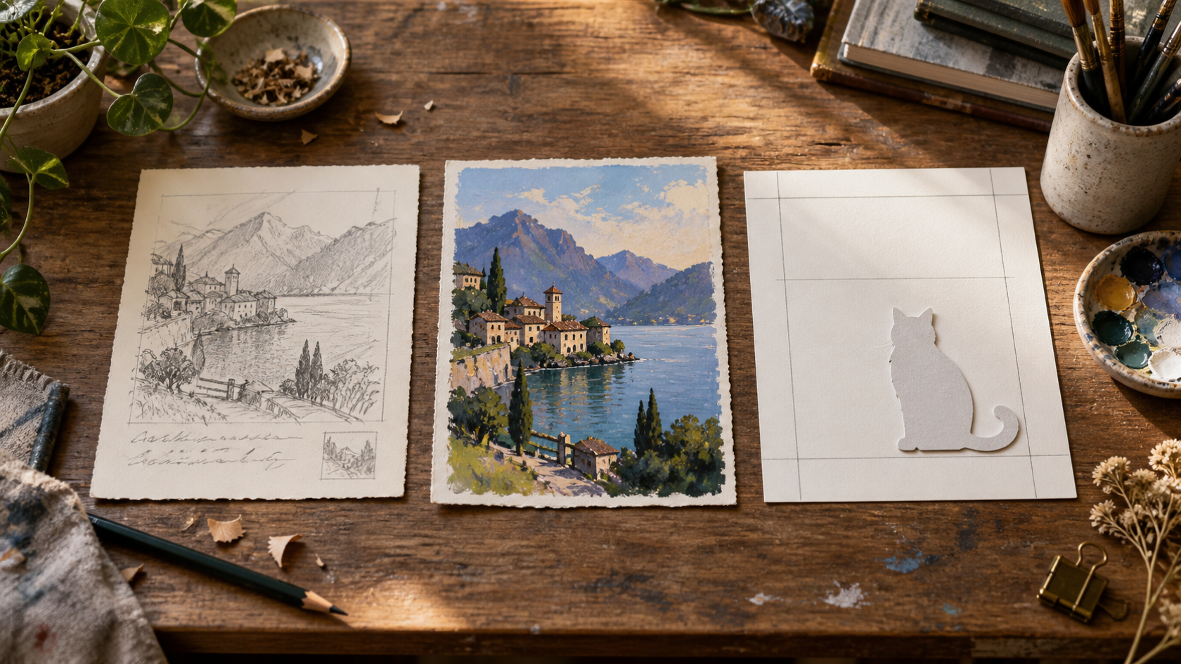 Three tactile creative starting inputs: a scene card an original painted reference and a blank layout frame