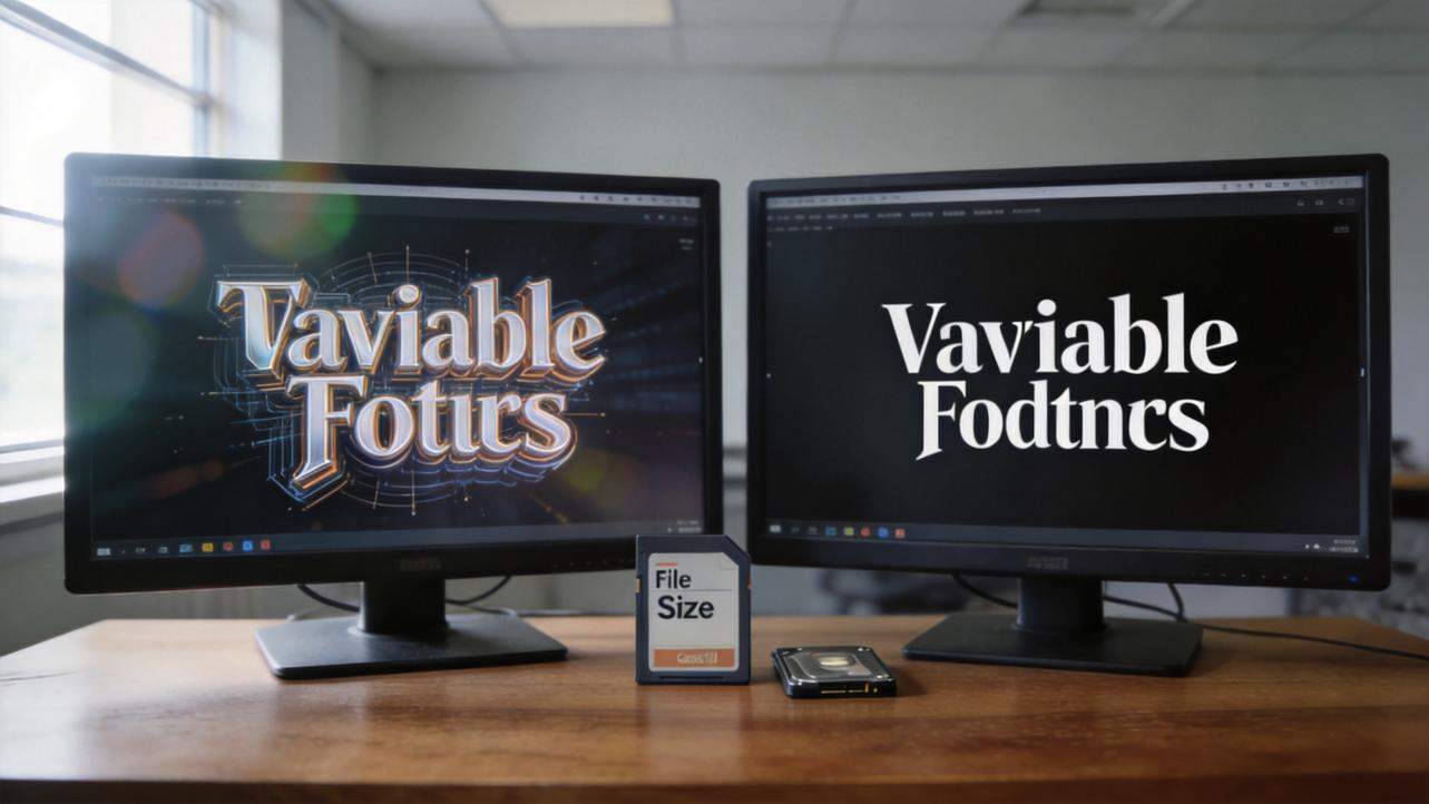 Dual monitors show variable font text, with a File Size card and memory card on a desk.