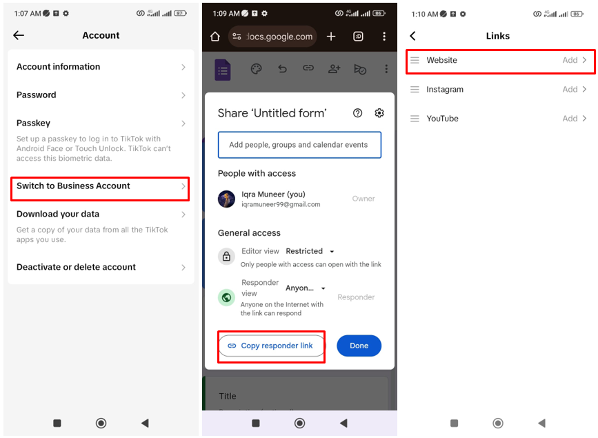 Kép, amely bemutatja a Google űrlap hozzáadását a TikTok bio-ban